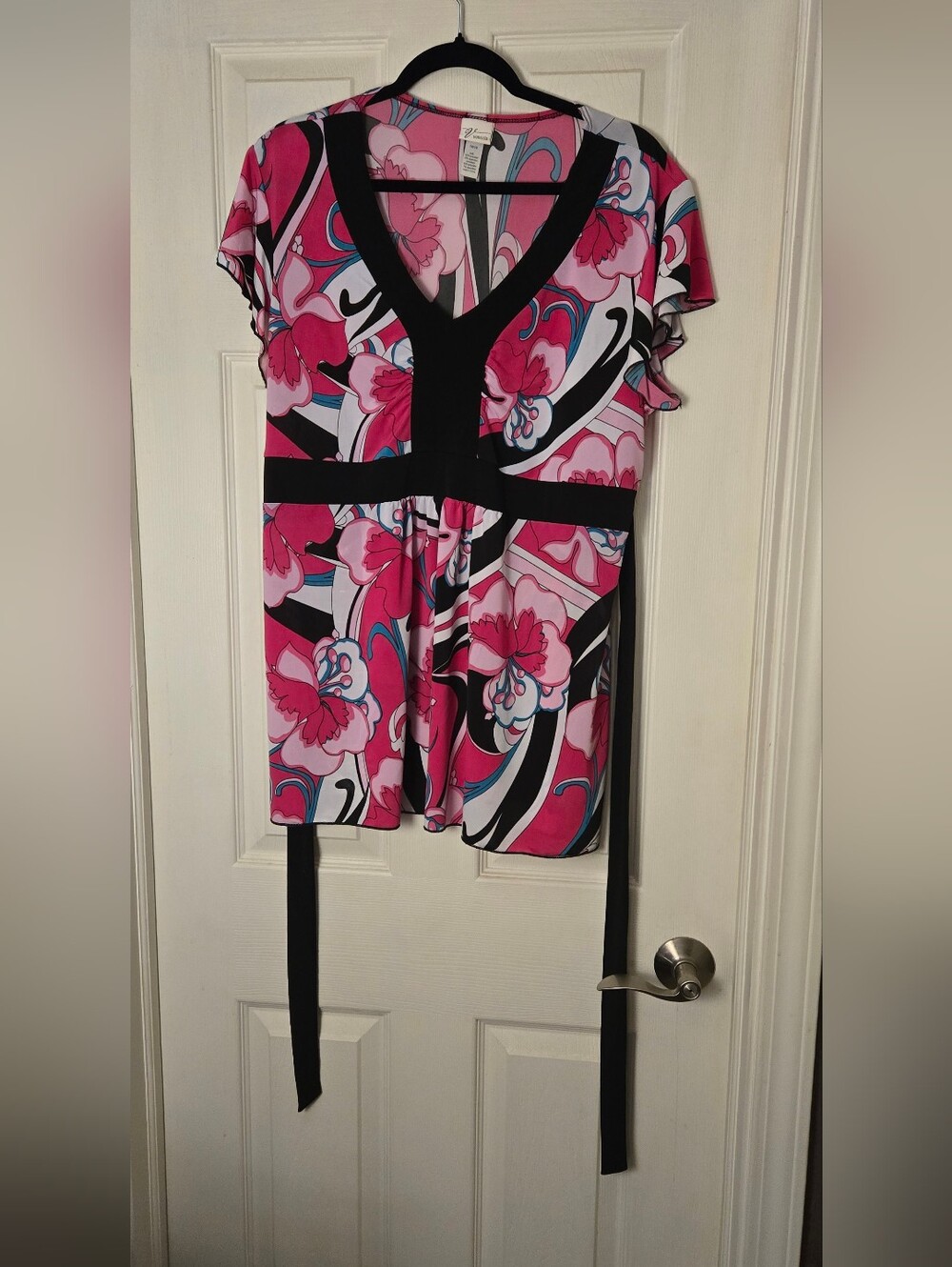 Venezia Pink Black Floral V-Neck Tie-Waist Top